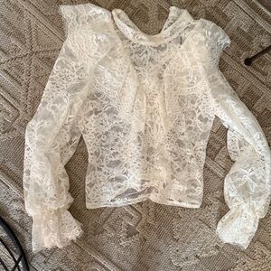 New Rachel Zoe high neck ruffled bell sleeve white  Lace Cream Blouse Sz large